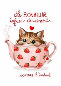 Carte canson chat tigré, théière et fraises