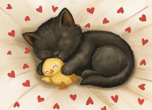 Le chat noir et son doudou poussin