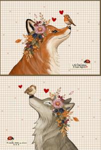 Mini pochette Loup et renard d'automne sur fond carreaux