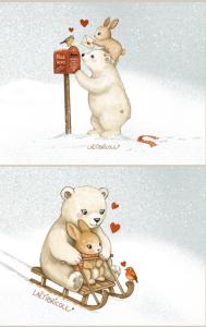 Pochette hiver ours et lapin sur la luge et à la boite aux lettres GRAND format