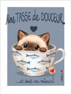 Carte canson chat siamois, tasse et poissons