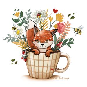 Renard dans sa tasse fleurie carte carrée