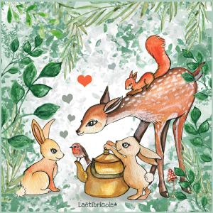 Coupon coussin biche, lapin et théière dans la forêt 