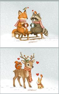 Pochette cerf d'hiver et renard + raton sur la luge PETIT format