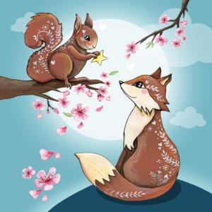 Ecureuil, renard et cerisier carte carrée