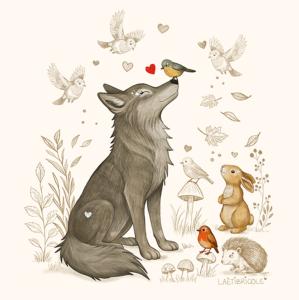 Carte  carrée loup  et oiseaux 