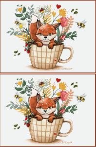 Coupon trousse renard dans sa tasse fleurie fond blanc perle