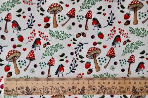 Coussin velours motifs champignons et rouges-gorges